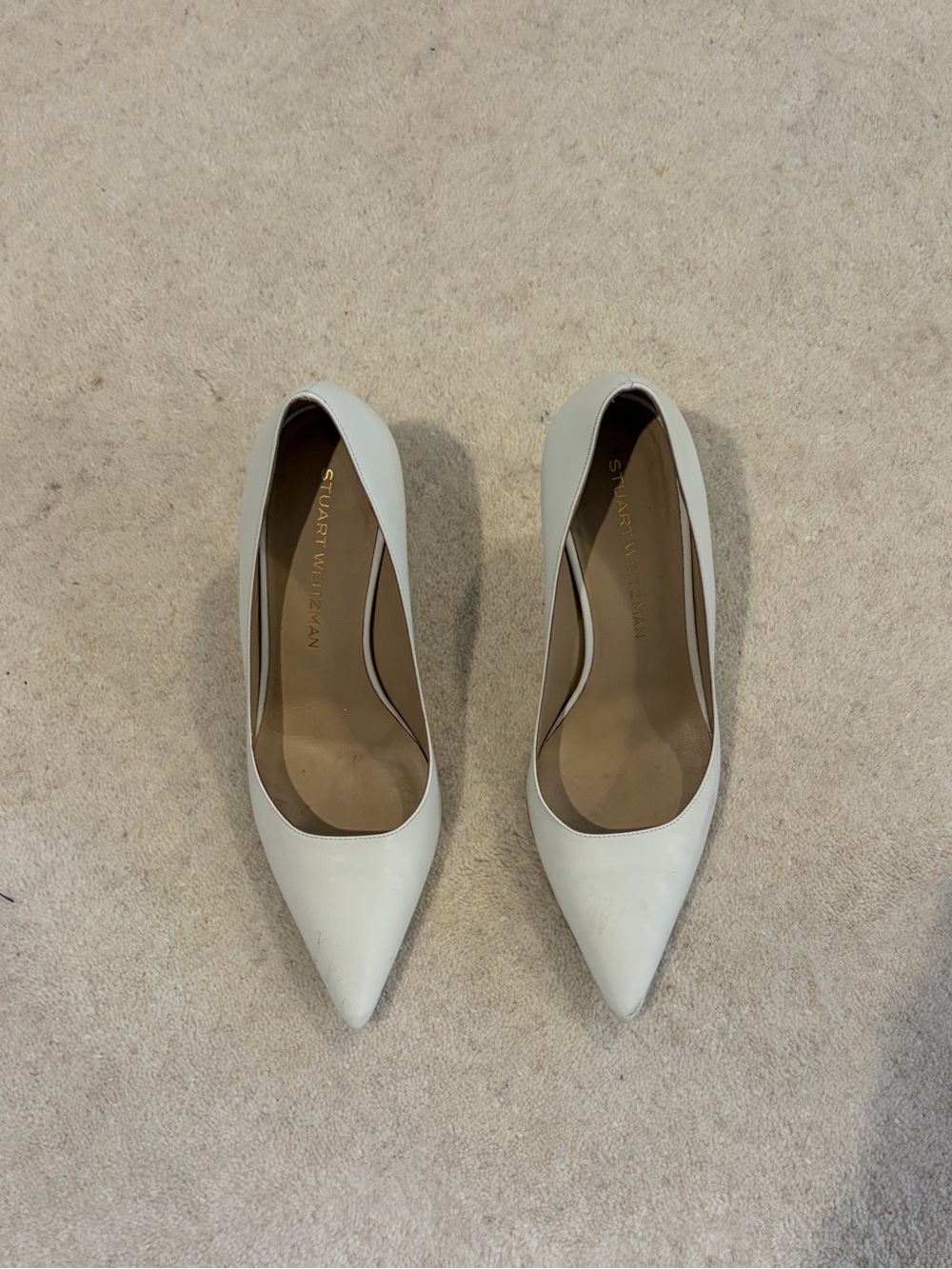 Stuart Weitzman Cream Pointed-Toe Leather Pumps
